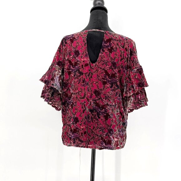 Lily White Womens M Velvet Burnout Top With Ruffle Tiered Sleeves & Floral Print - Picture 8 of 9